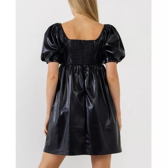 VEGAN LEATHER BABYDOLL MINI DRESS WITH POCKETS SIZE MEDIUM BLACK - Picture 3 of 11